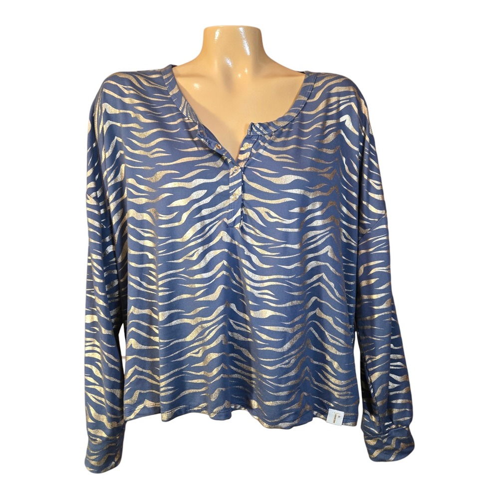 Thalia Sodi Women's XL Tiger Print Long Sleeve Snap Henley Neck Top  Gold Grey